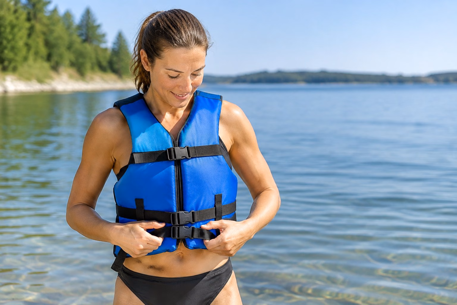 An adult swimmer in shallow water wearing a securely fastened lifejacket.