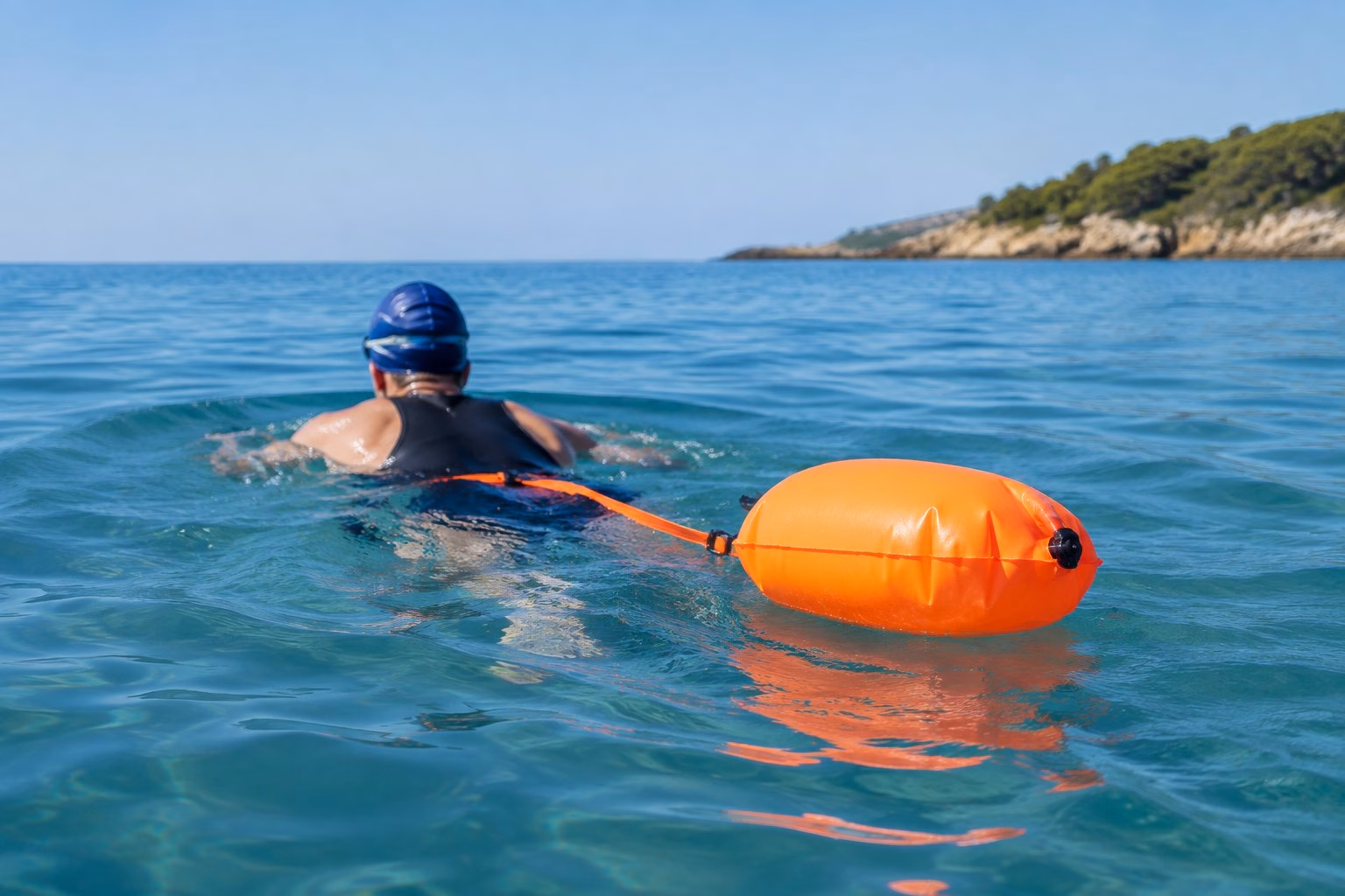 A swimmer in open water towing a bright orange float.
