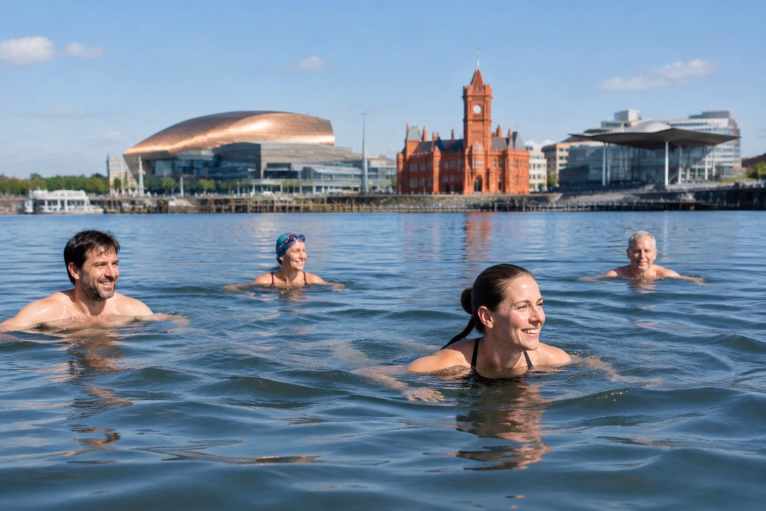 Swimmers in Cardiff Bay with the waterfront in the background.