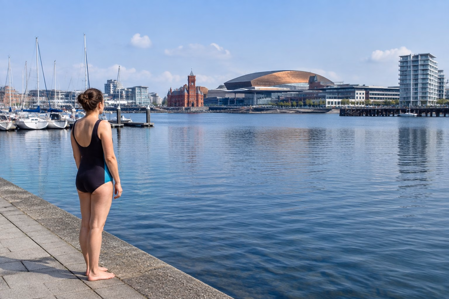 A swimmer stands at the edge of Cardiff Bay, with boats and the waterfront in the distance.