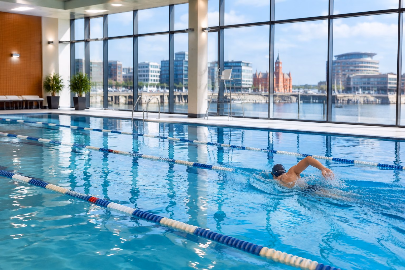 A swimmer in an indoor pool beside large windows overlooking Cardiff Bay.