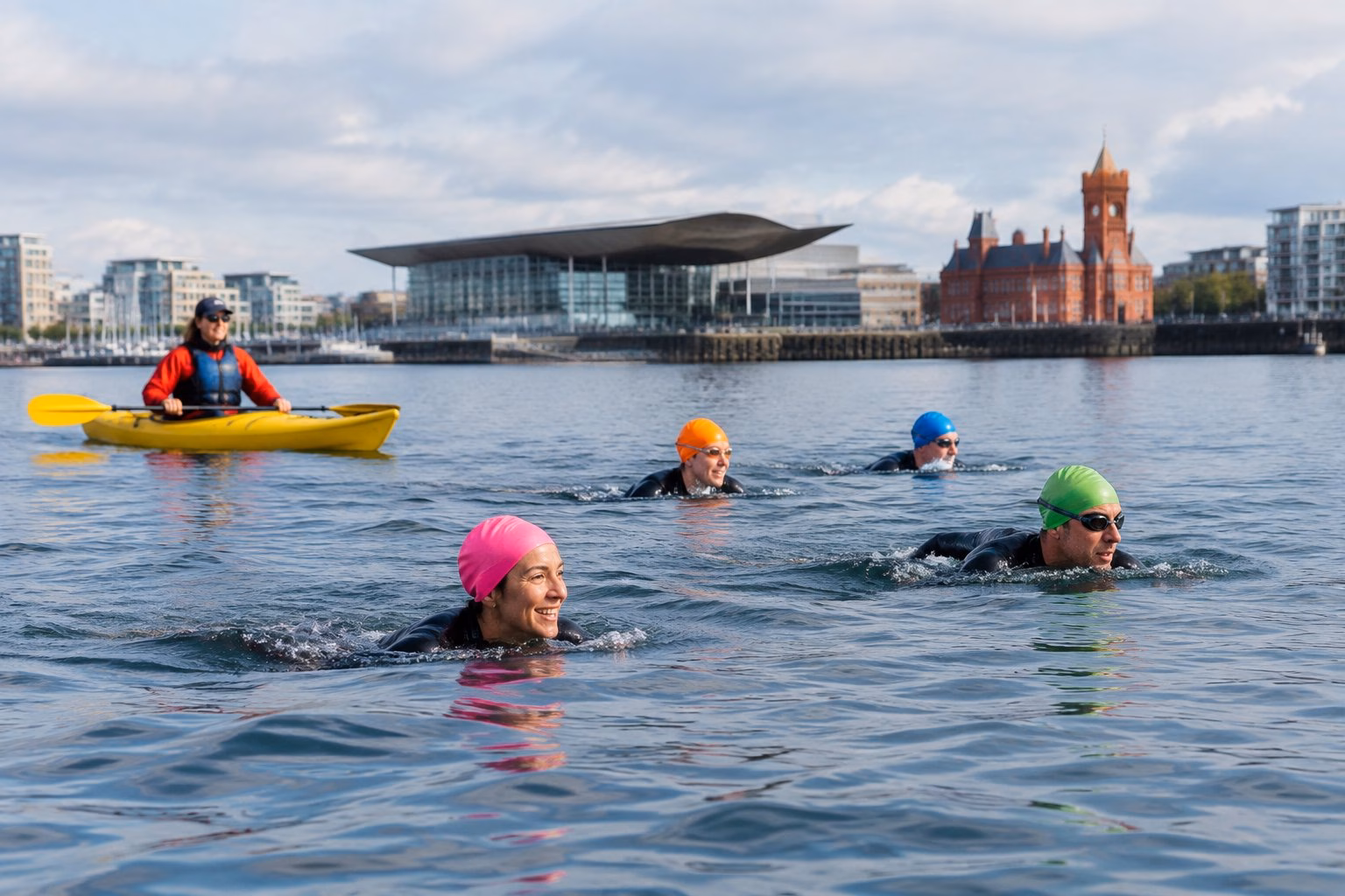 A group of wetsuit-clad swimmers practises in Cardiff Bay beside a safety kayak.