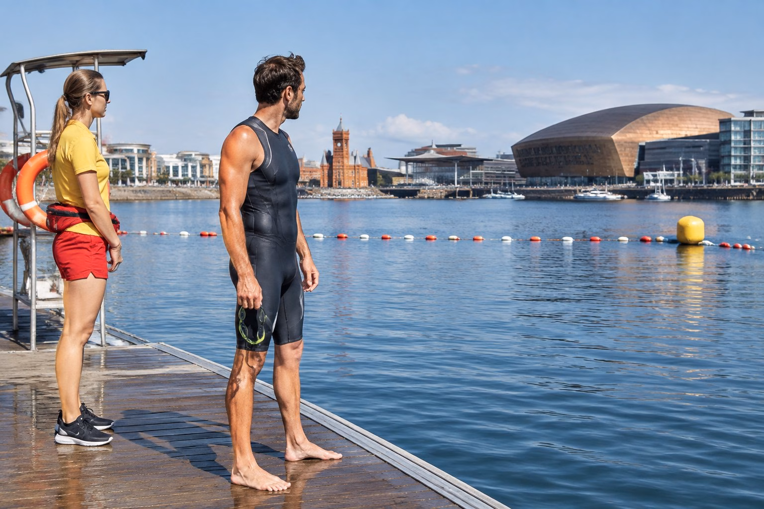 A swimmer checks the water in a supervised area of Cardiff Bay, with a lifeguard nearby.
