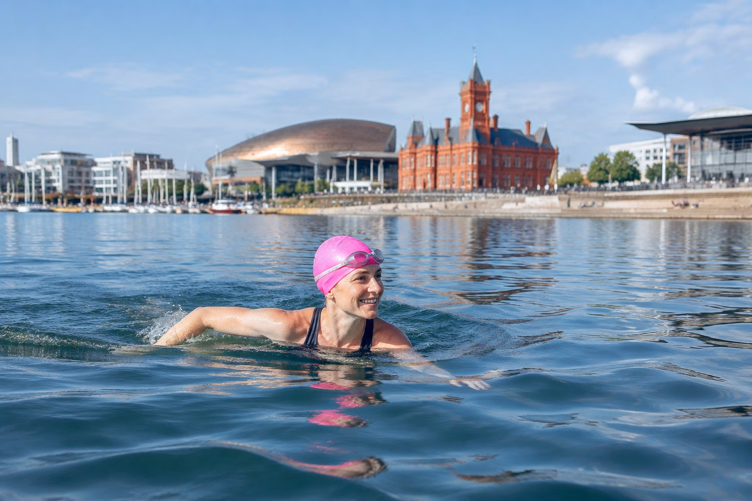 A swimmer in a bright cap moves through the water in Cardiff Bay.