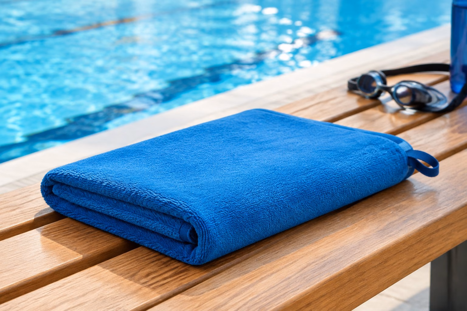 A folded blue towel on a bench beside a swimming pool.