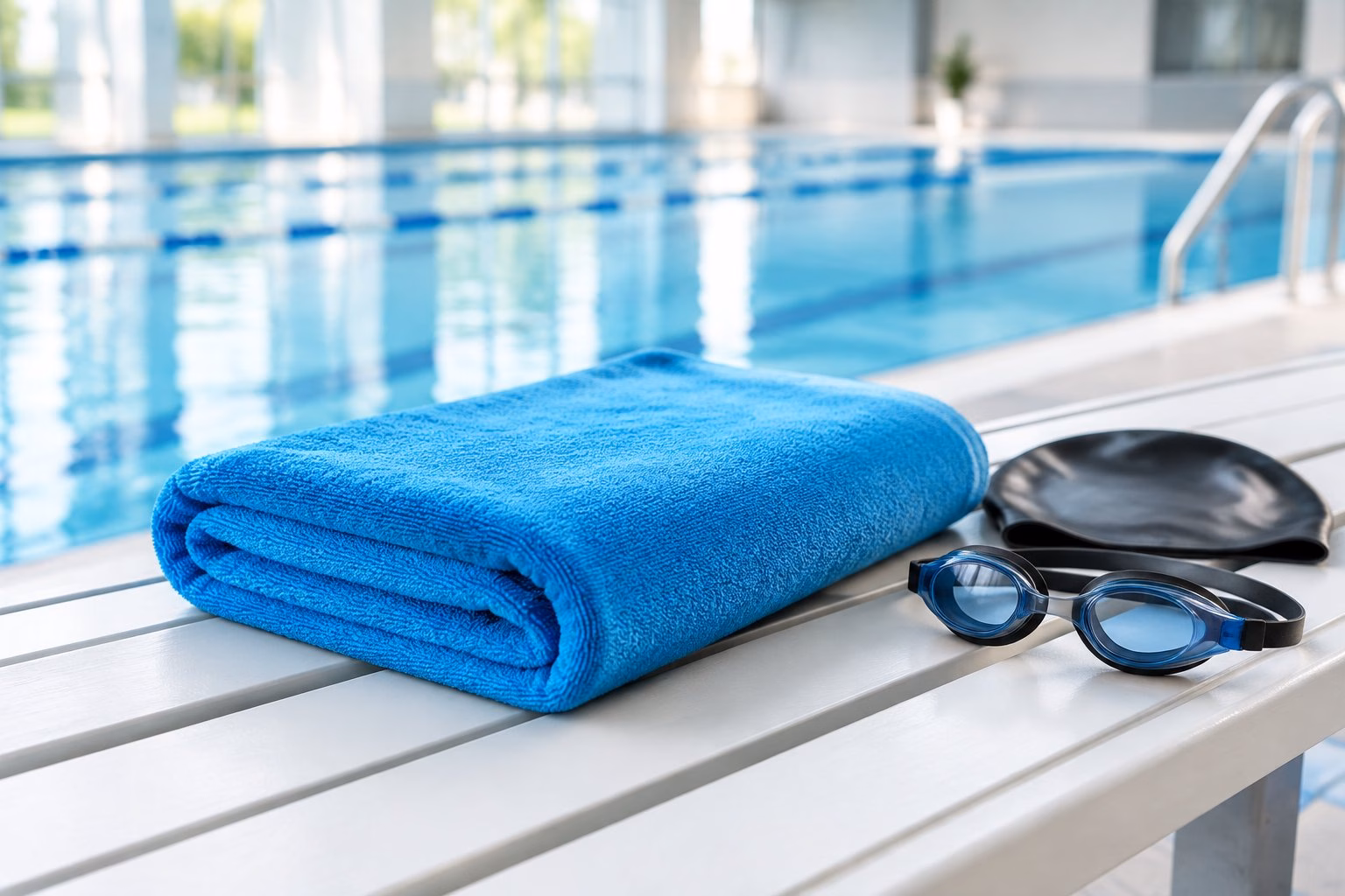 A blue towel, swimming goggles and a swim cap on a bench beside a pool.
