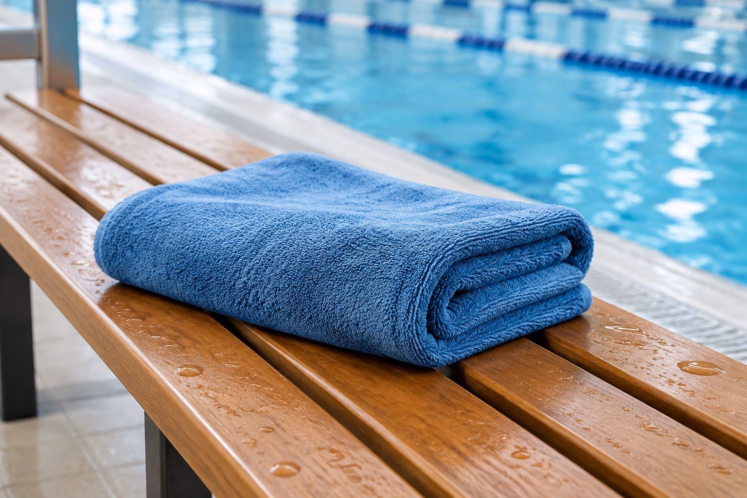 A folded towel rests on a bench beside a swimming pool.