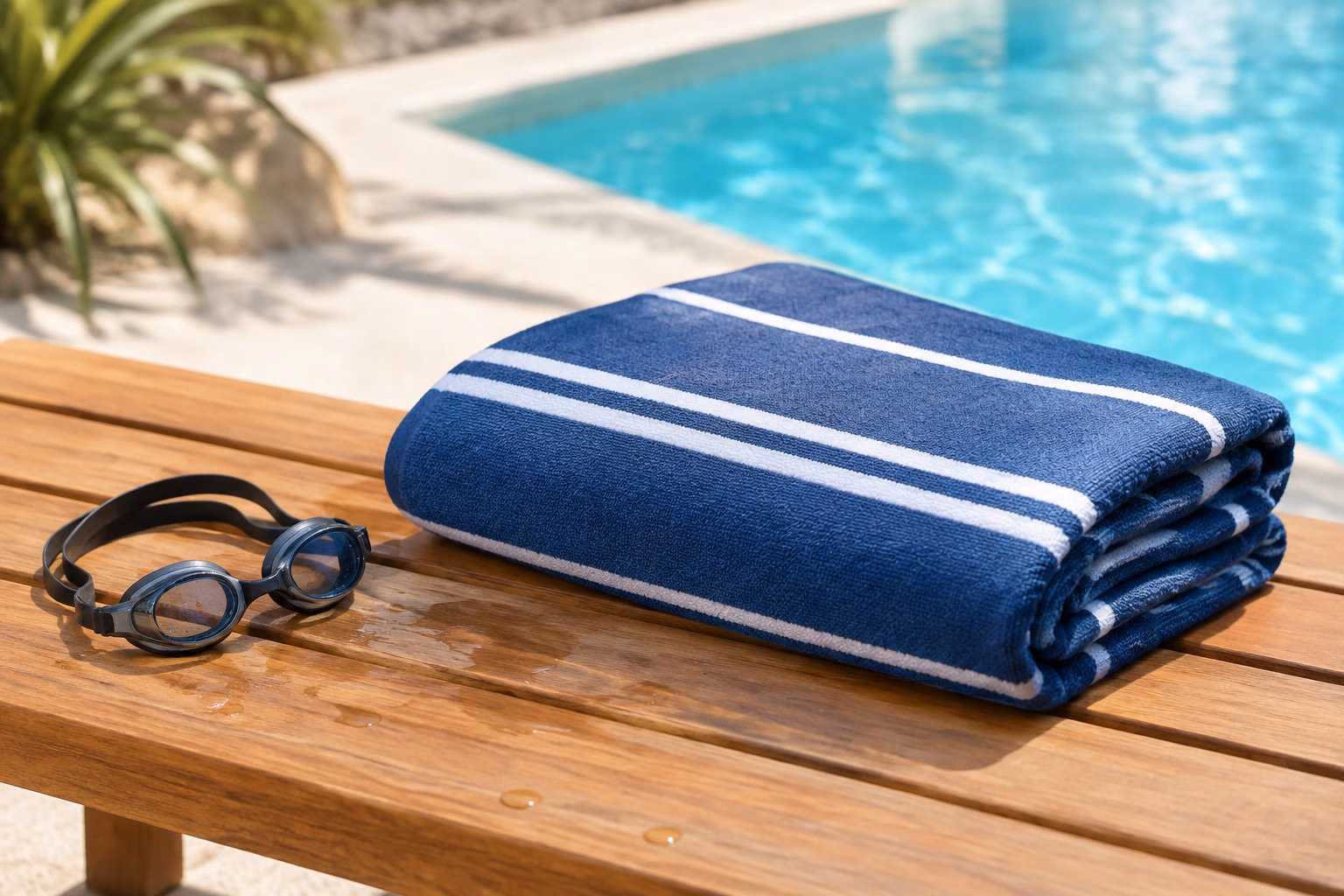 A striped beach towel and swimming goggles on a bench beside a swimming pool.