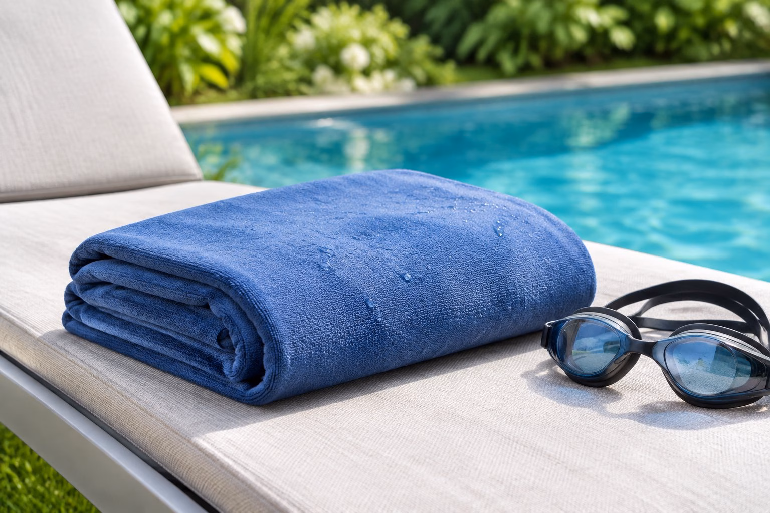 A folded towel and swimming goggles sit beside a swimming pool.