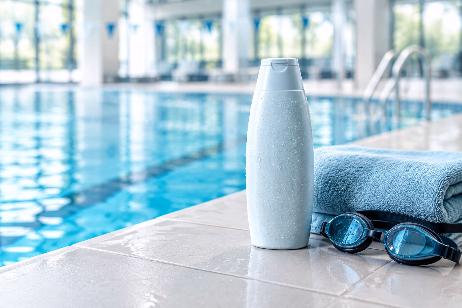 A shampoo bottle, towel and swimming goggles beside an indoor pool.