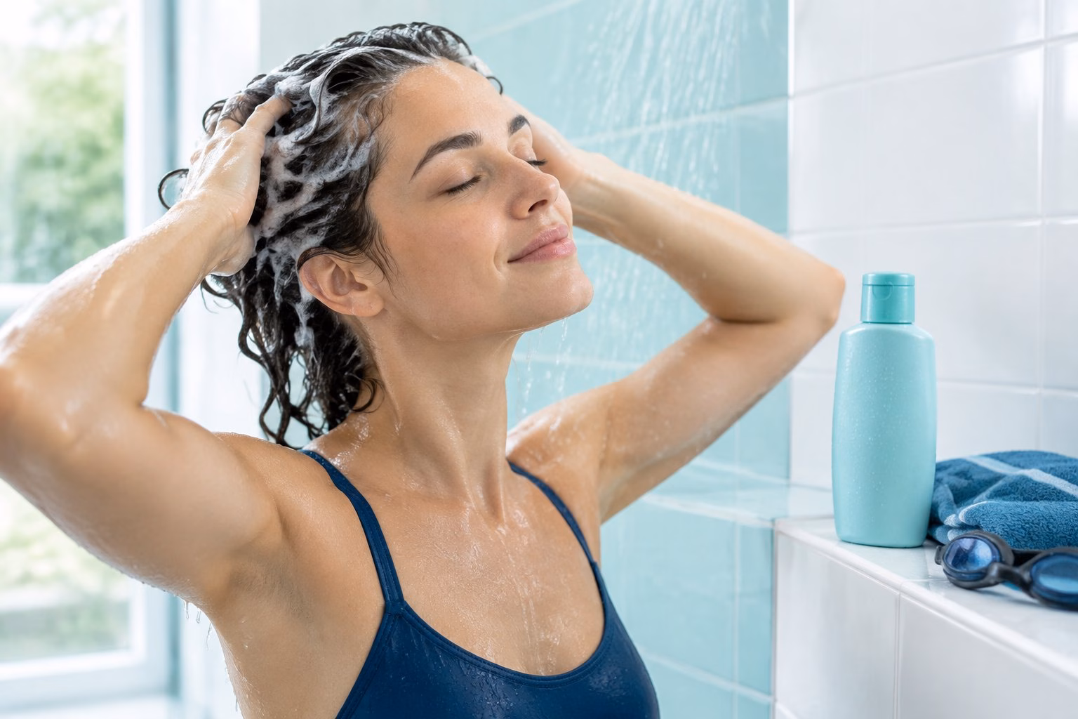 A swimmer washes their hair in a shower beside a shampoo bottle.