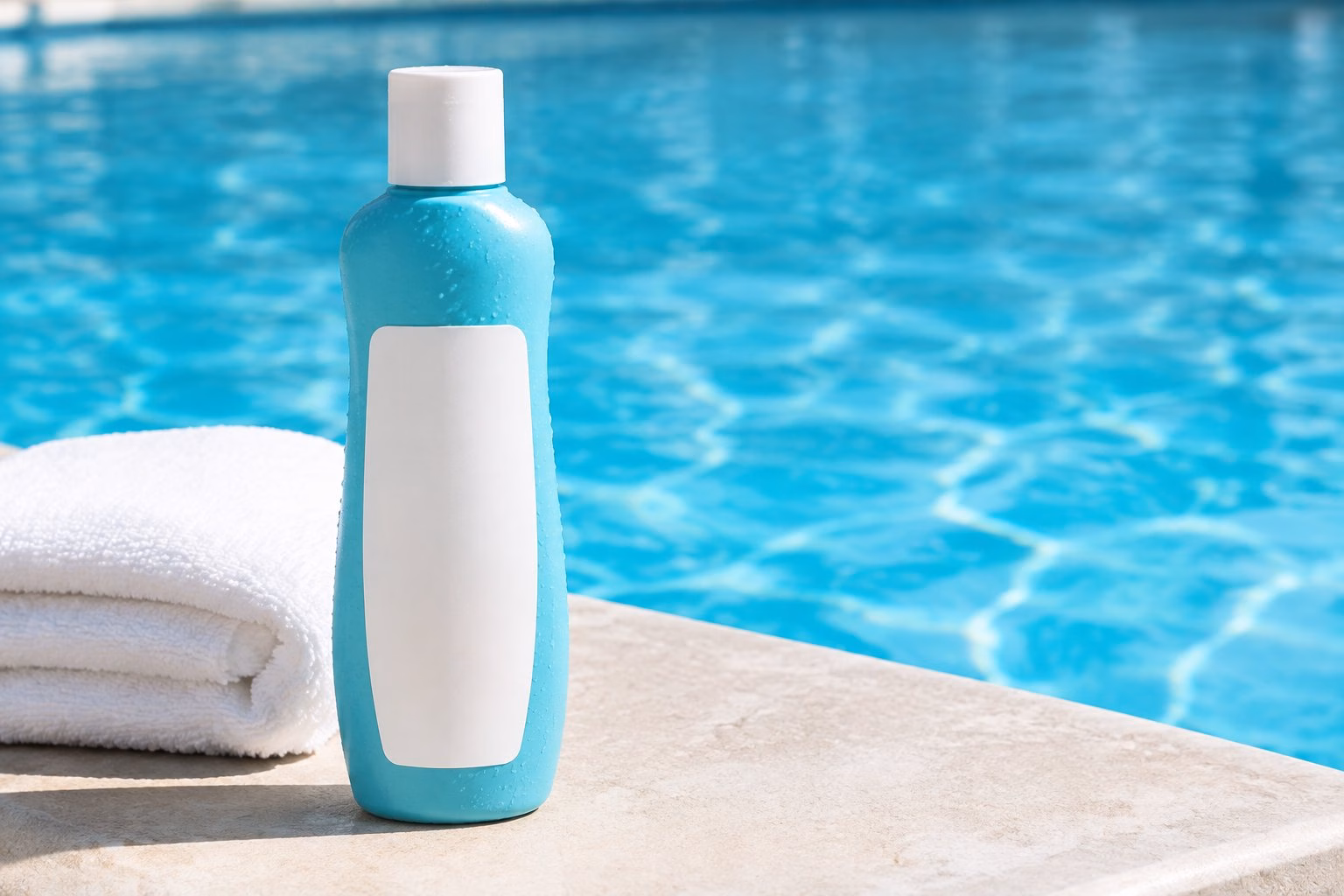 A shampoo bottle beside a swimming pool with a folded towel.