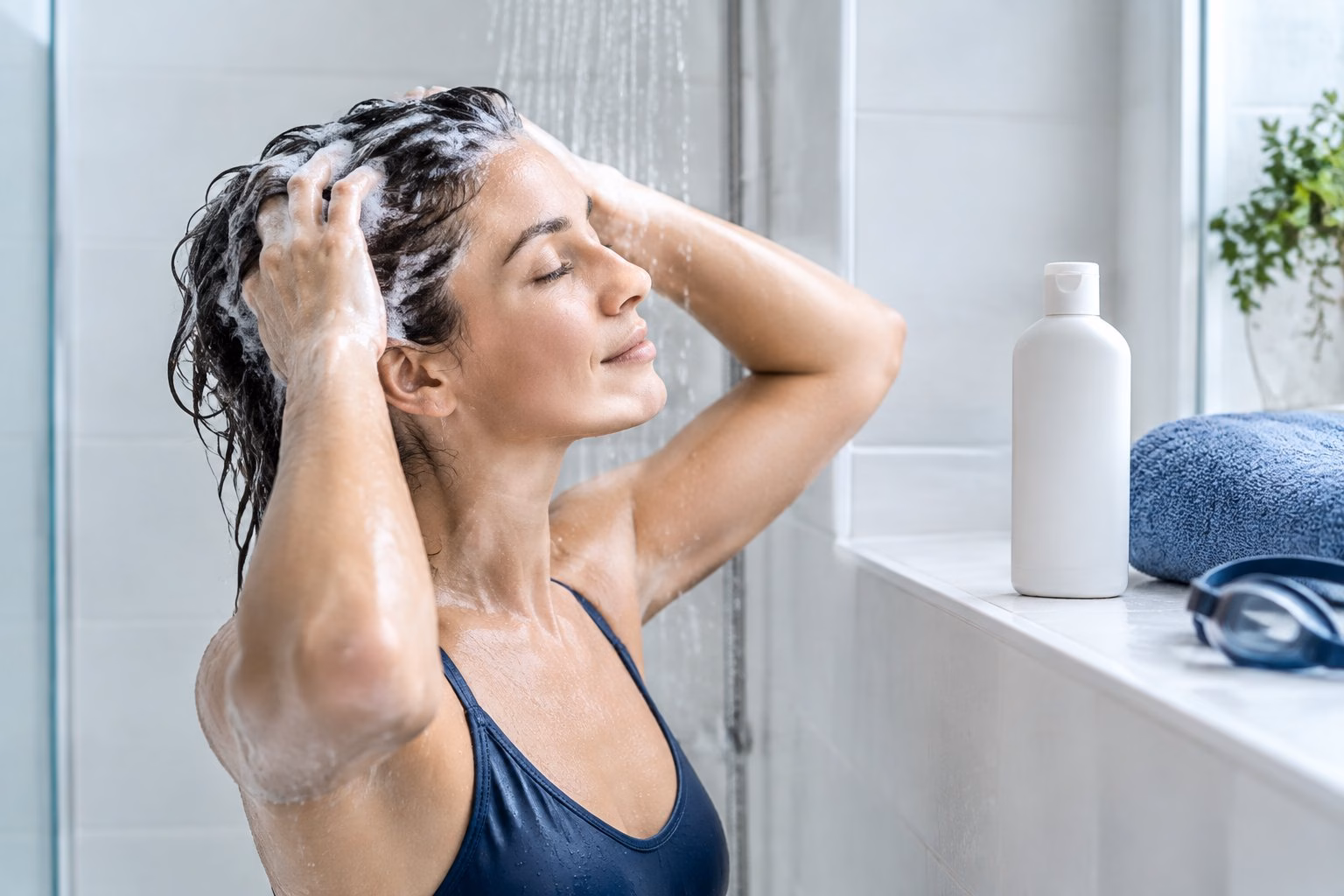 A swimmer washes their hair in a shower beside a shampoo bottle.