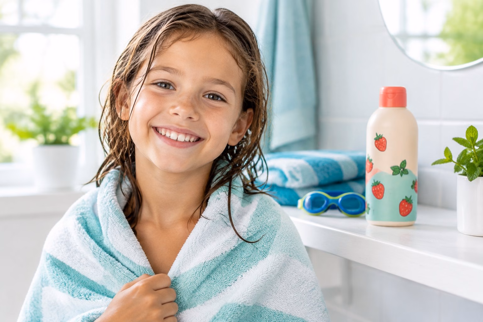 A child with damp hair stands beside a bottle of swim shampoo in a bathroom.
