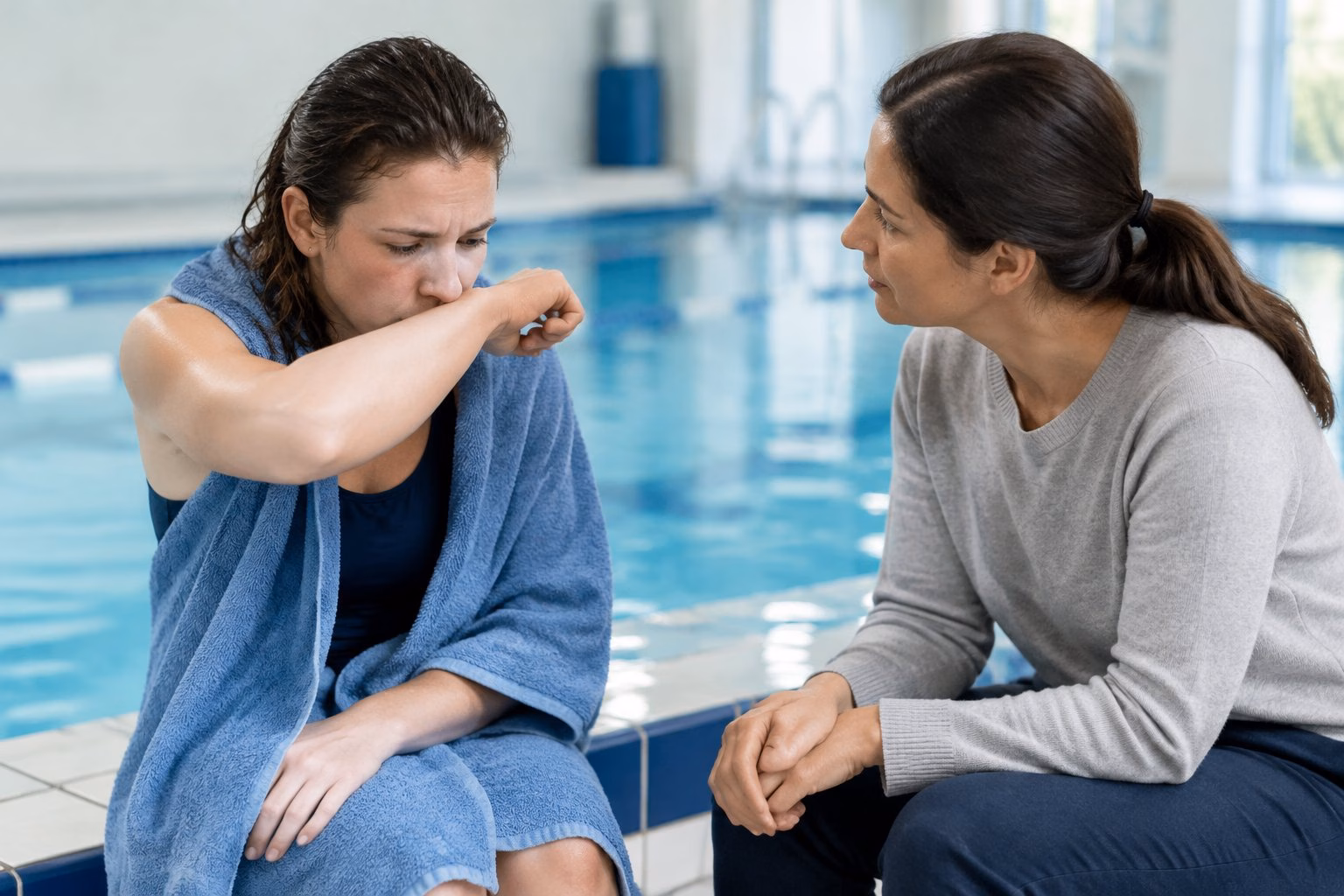 A swimmer wrapped in a towel talks with a healthcare professional beside an indoor pool.