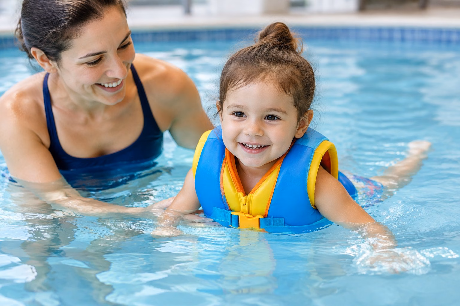 A child wearing a colourful swim jacket practises kicking in a swimming pool beside an adult.