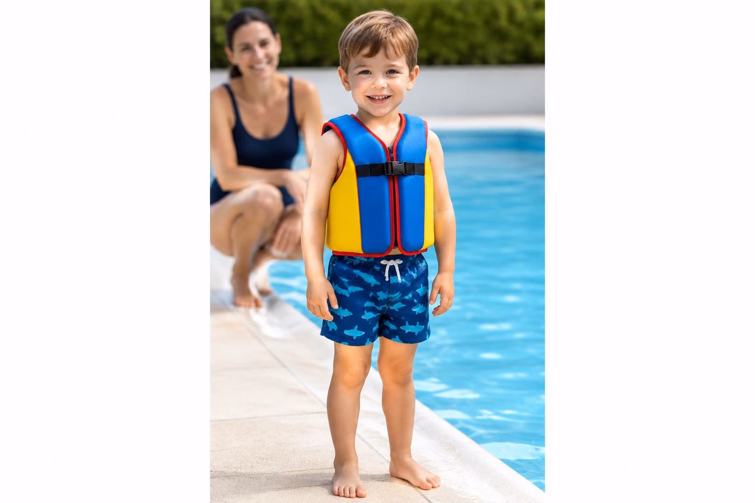 A child wearing a colourful swim vest beside a swimming pool.