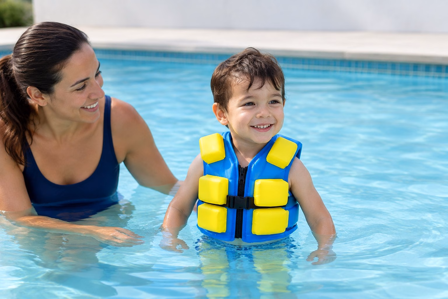 A child wearing a swim vest in a shallow pool beside an adult.