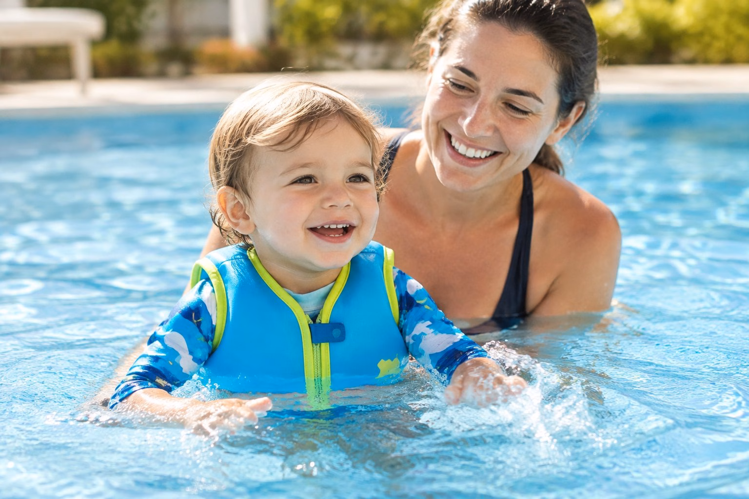 A child wearing a swim vest enjoys a shallow pool while an adult watches nearby.