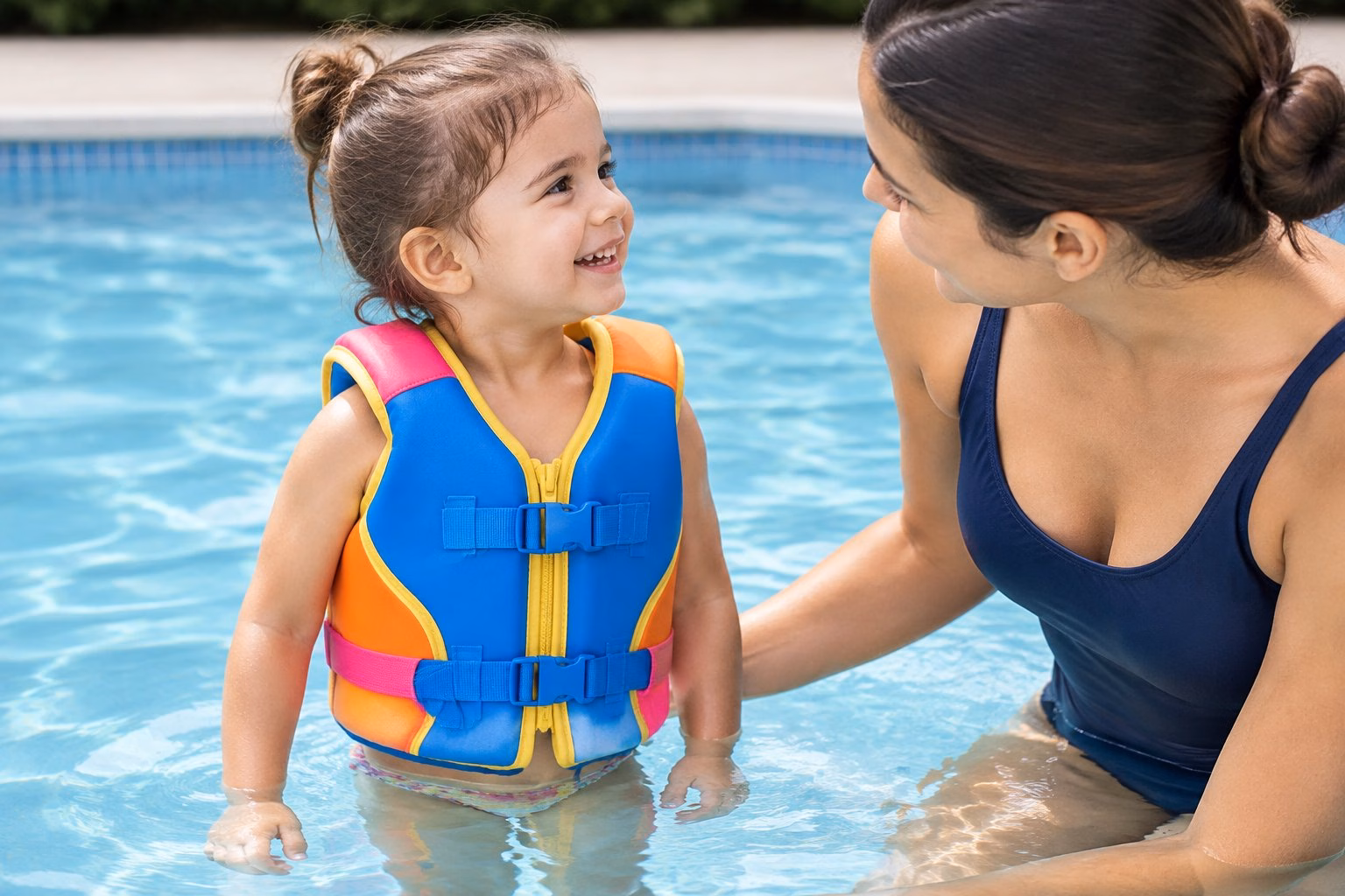 A child wearing a colourful swimming vest stands in shallow pool water beside an adult.