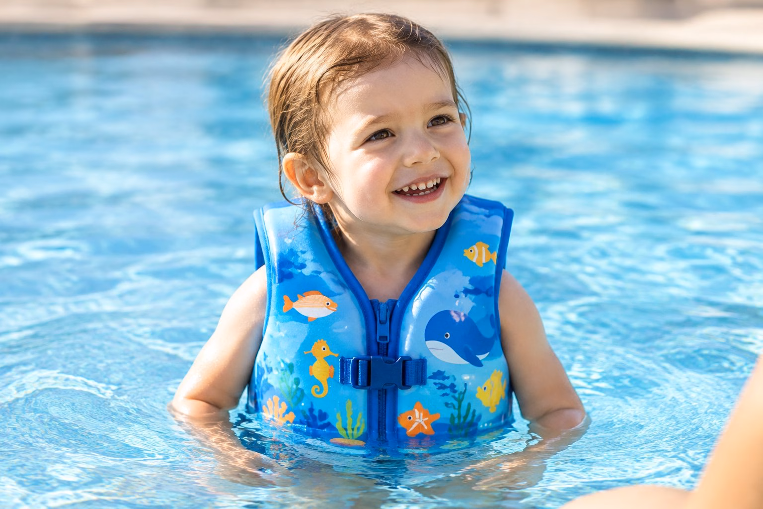 A child wearing a colourful swim vest in a swimming pool.