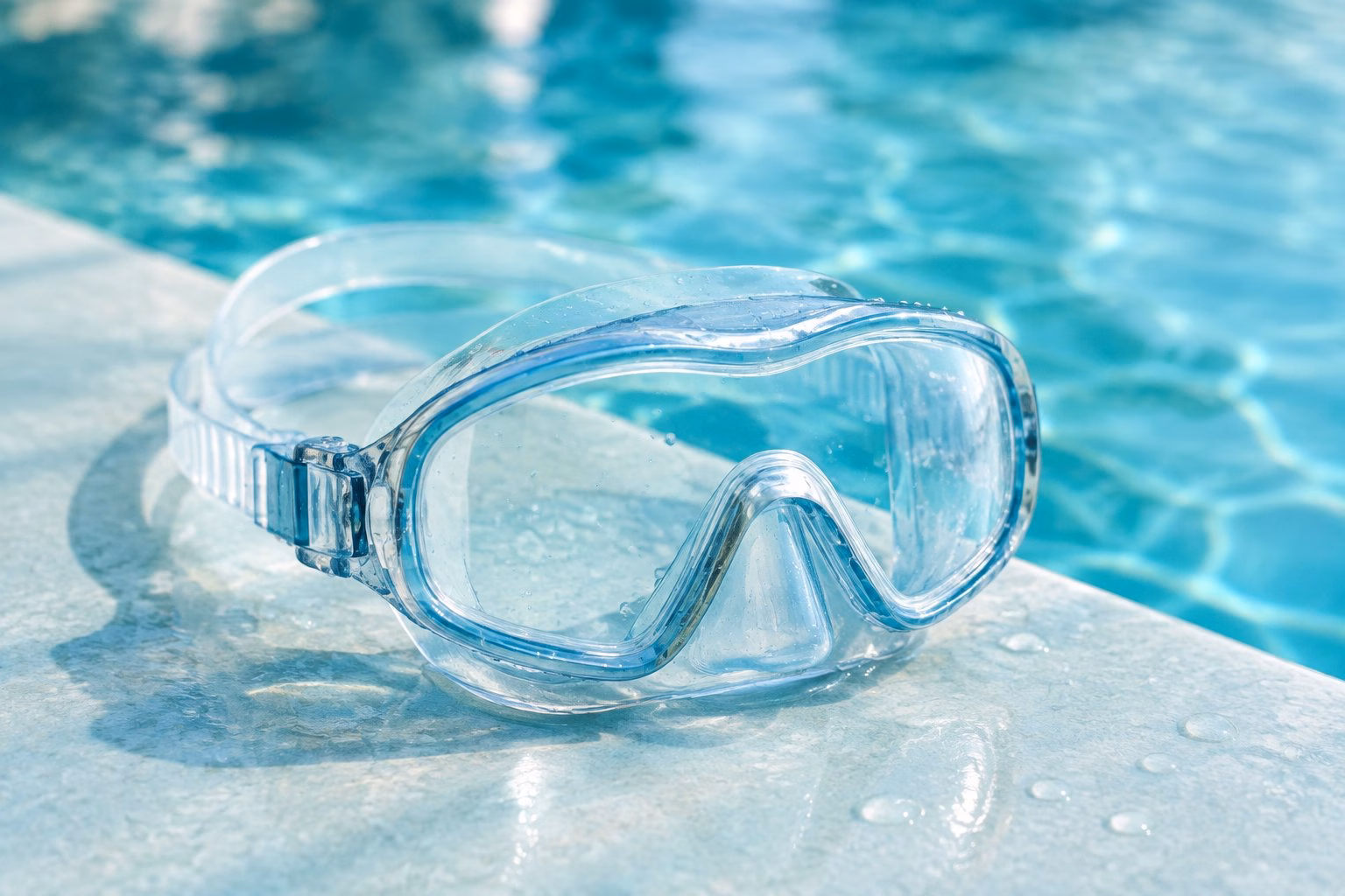 A swimming mask rests beside calm turquoise pool water.
