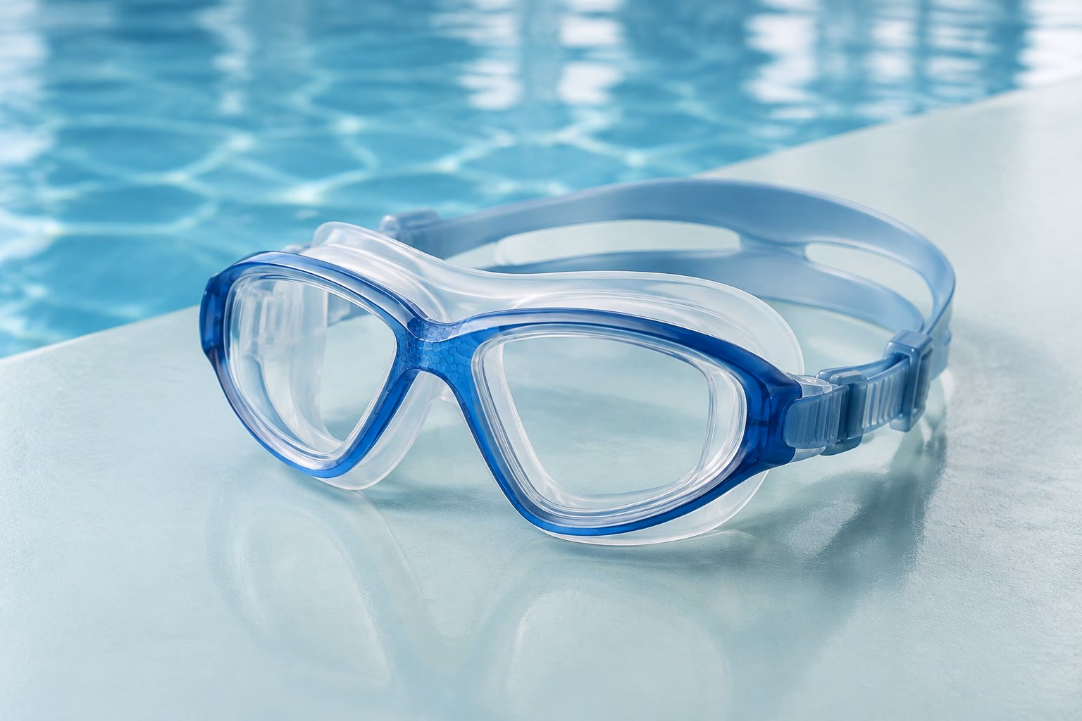 A swimming mask resting beside gently rippling pool water.