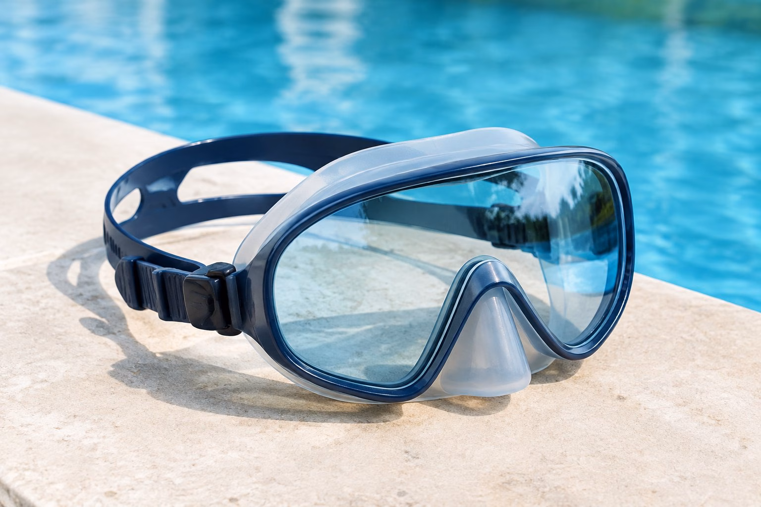 A swimming mask rests beside a clear blue pool.