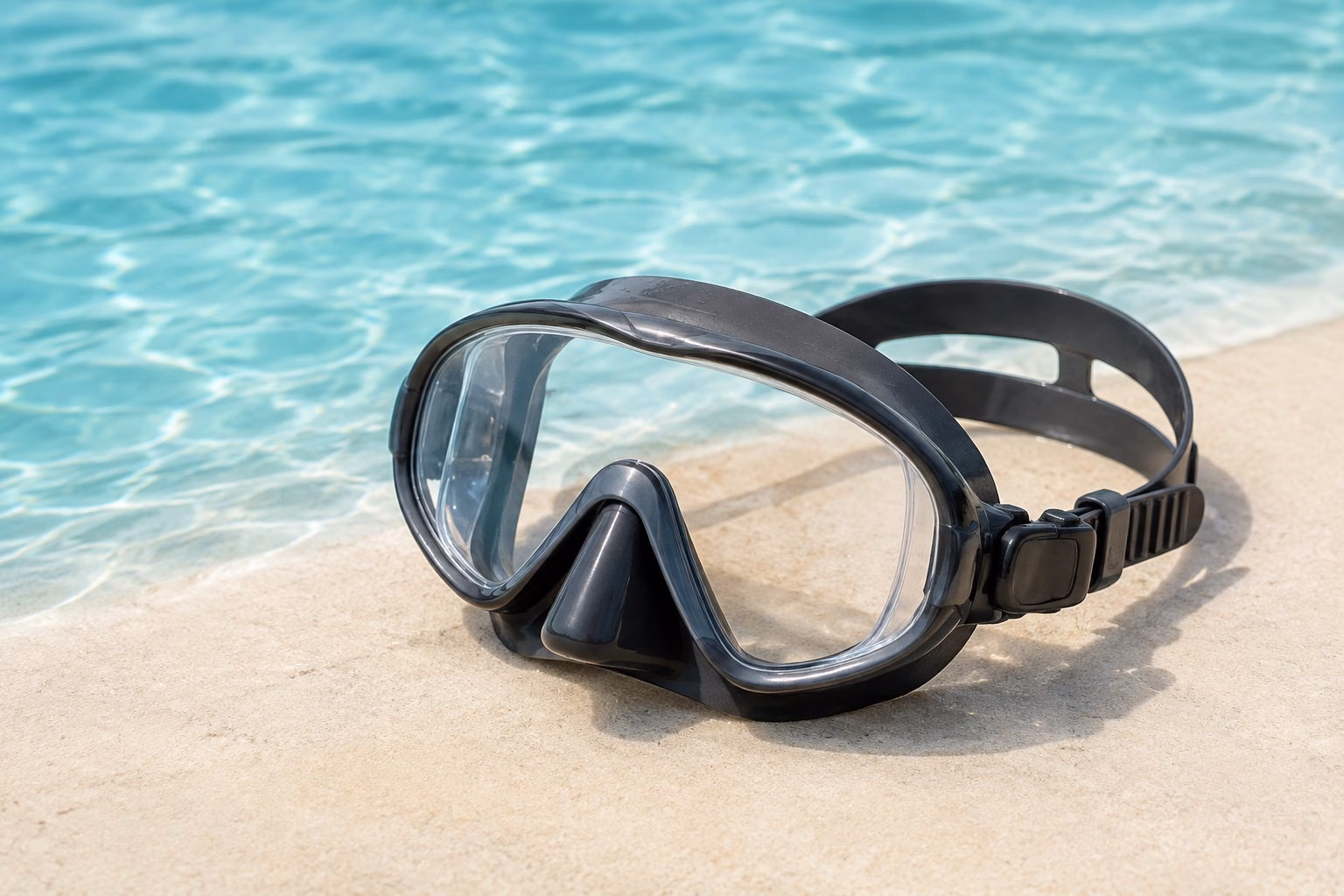 A swimming mask beside turquoise water.