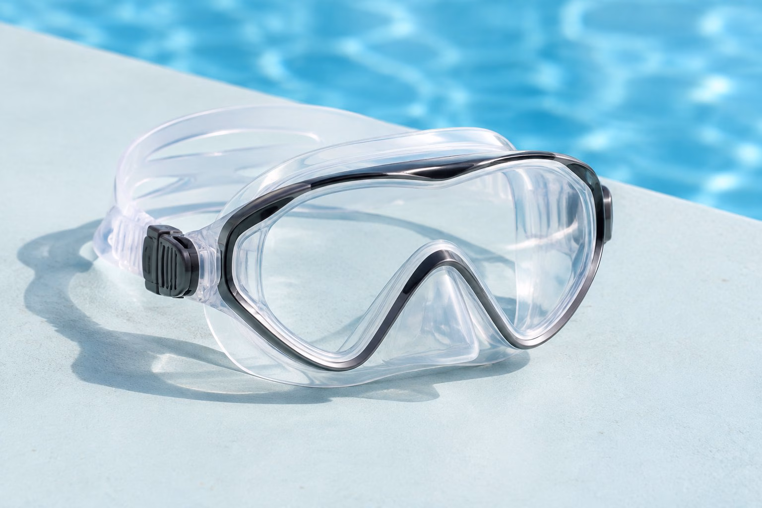 A swimming mask resting beside a pool.