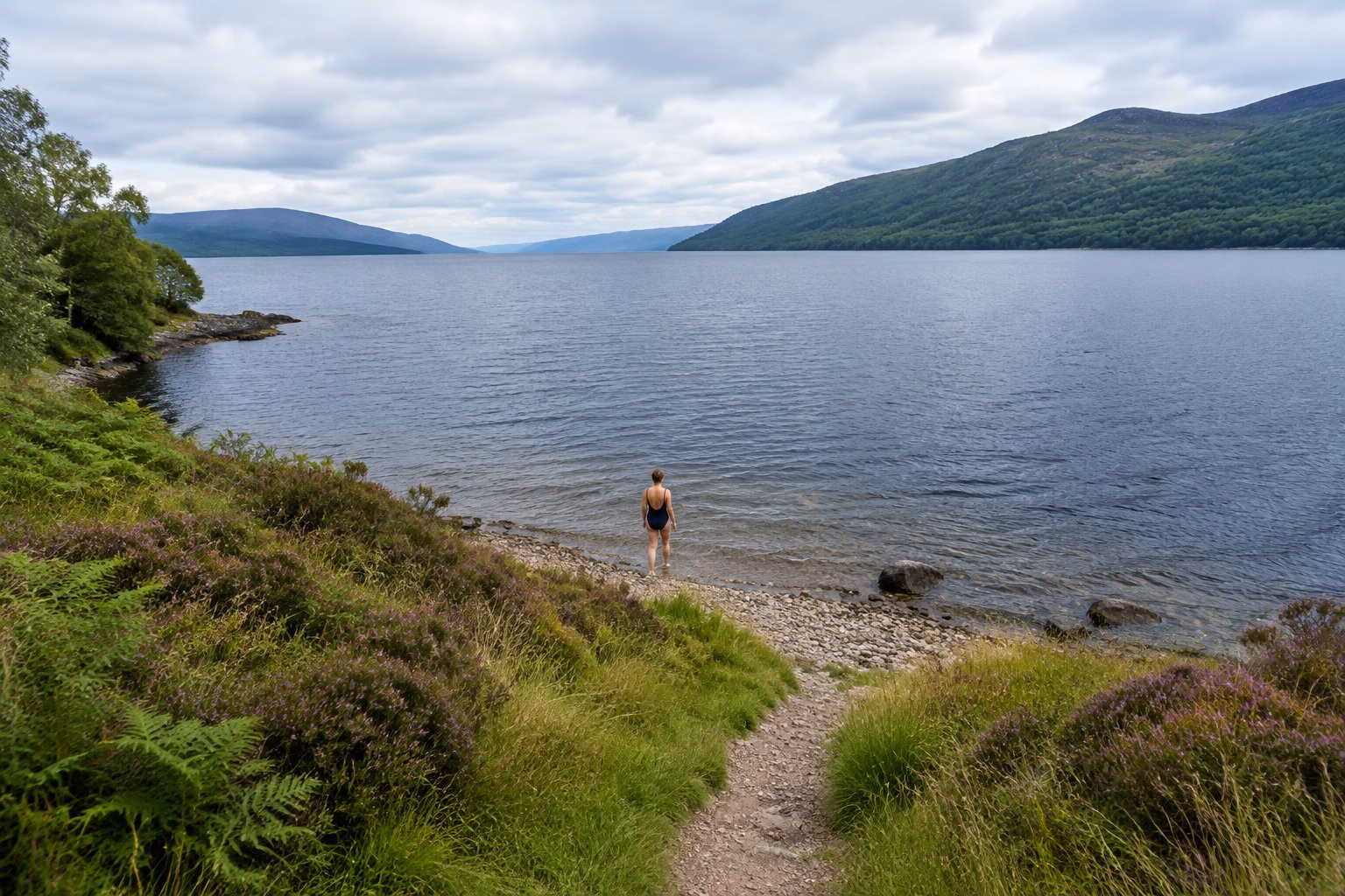 A swimmer stands beside a pebbled shore overlooking Loch Ness and the surrounding hills.
