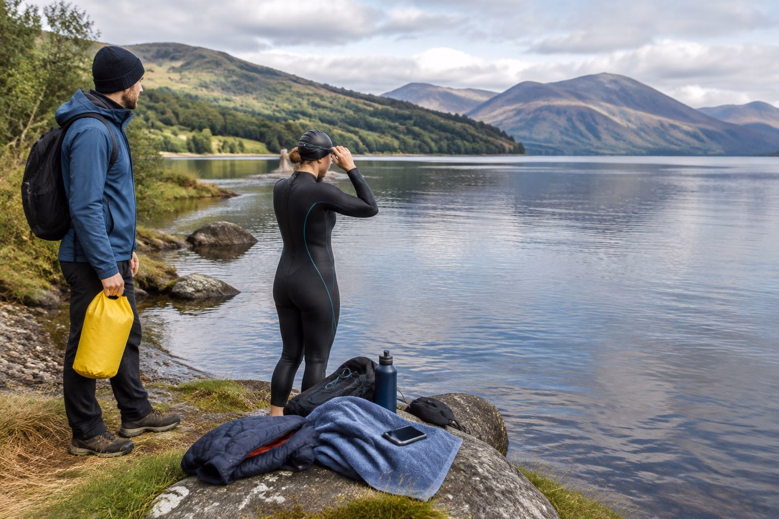 A swimmer prepares beside Loch Ness while a companion waits nearby with safety gear.