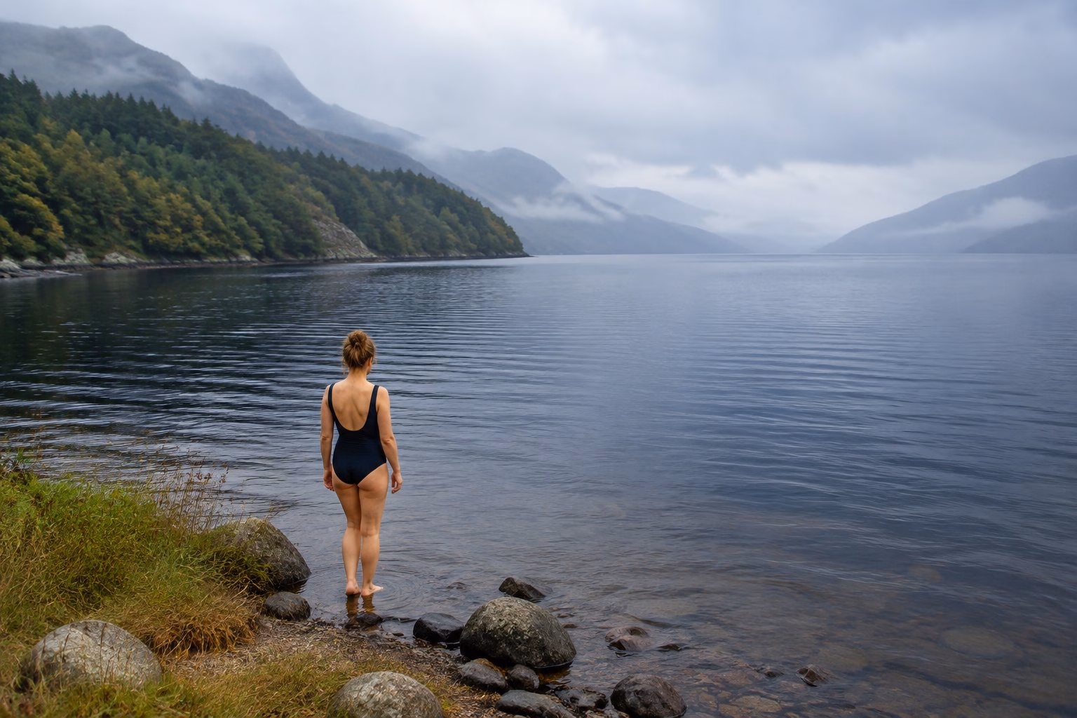 A swimmer stands at the edge of Loch Ness, with misty hills across the water.