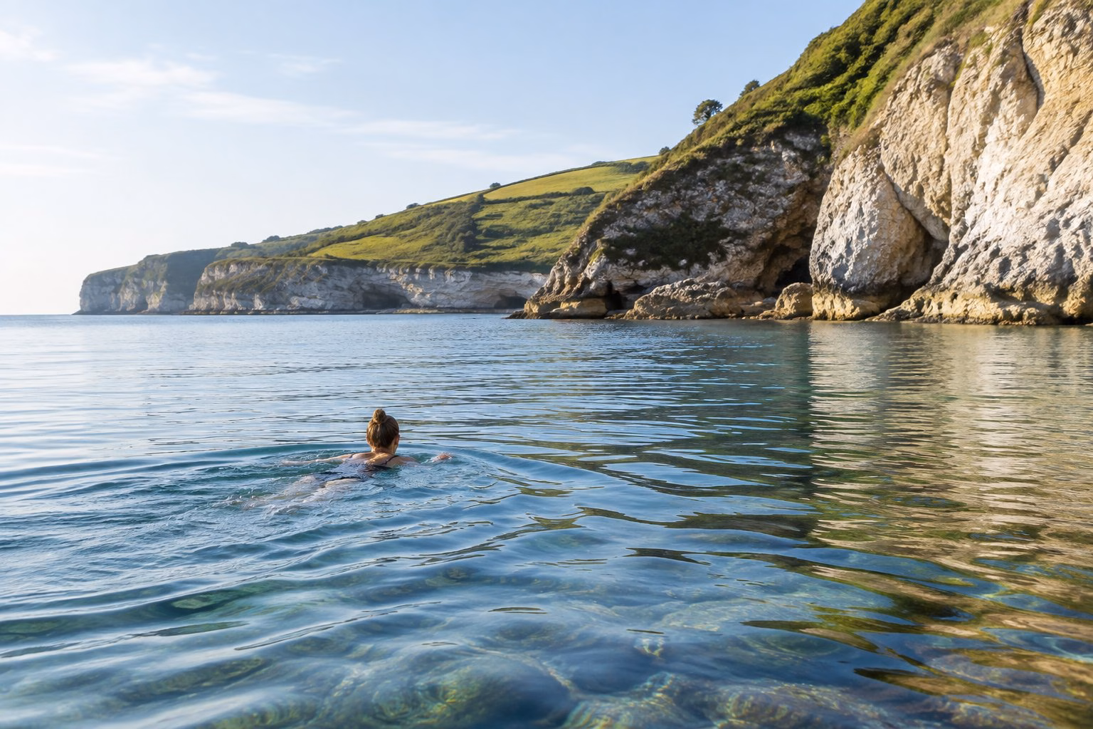 A swimmer in a calm stretch of water beneath the green cliffs of Dorset.