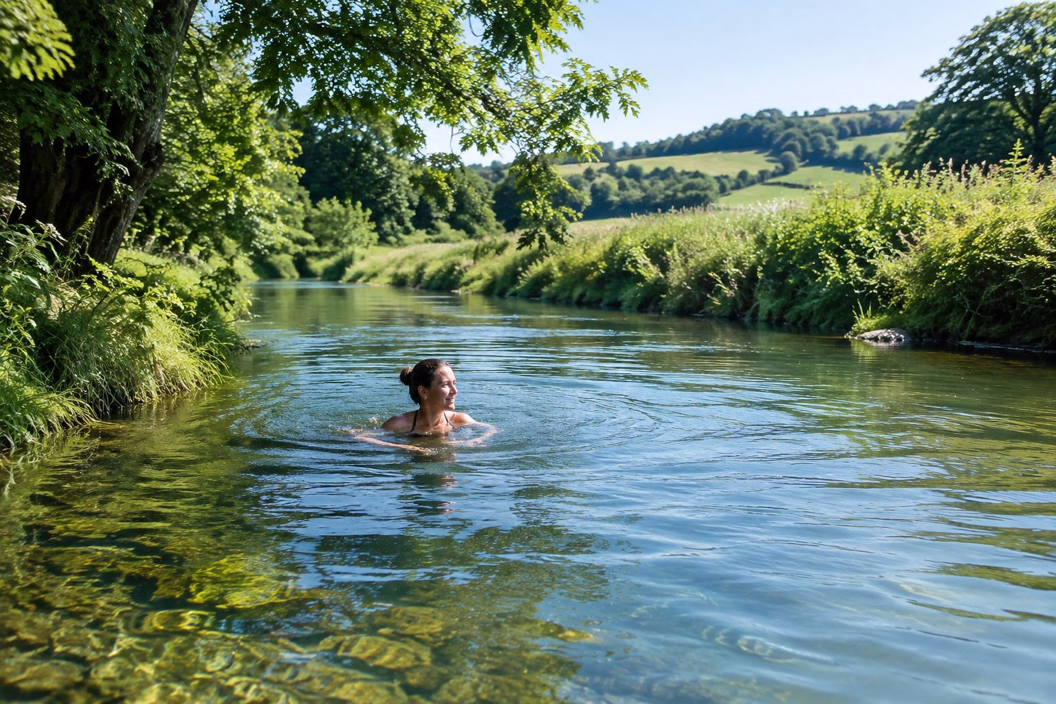 A swimmer enjoying a dip in a river surrounded by green countryside.