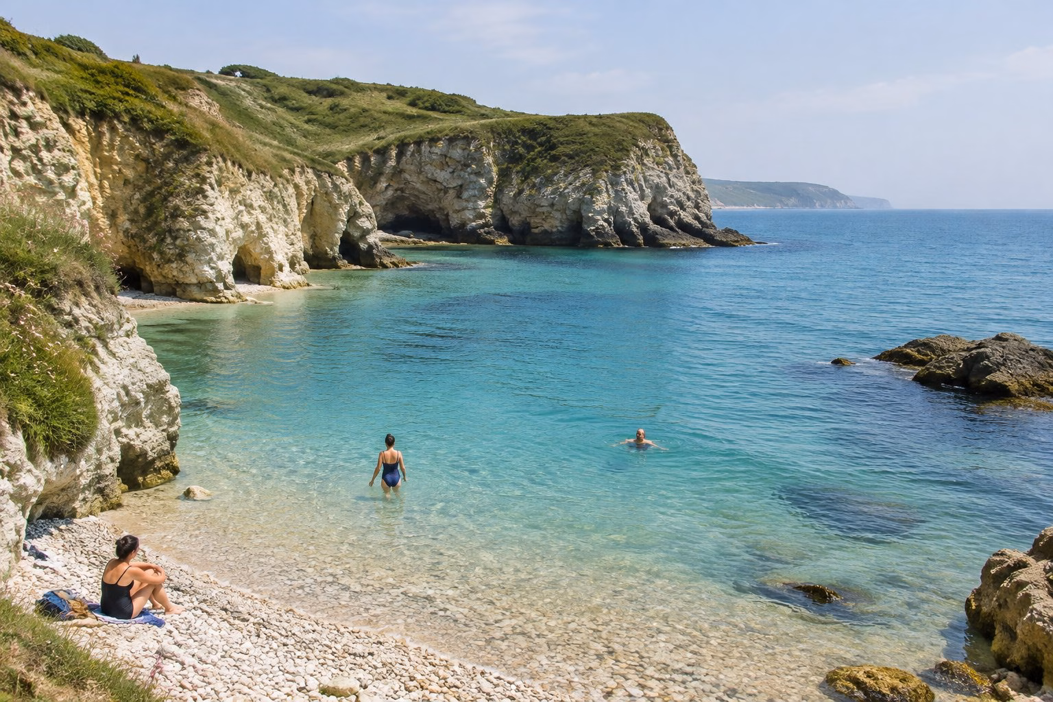Swimmers enjoying a sheltered Dorset cove beneath pale limestone cliffs.