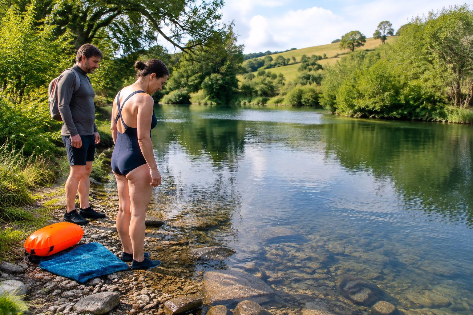A swimmer checks a calm river entry point while a companion waits nearby.