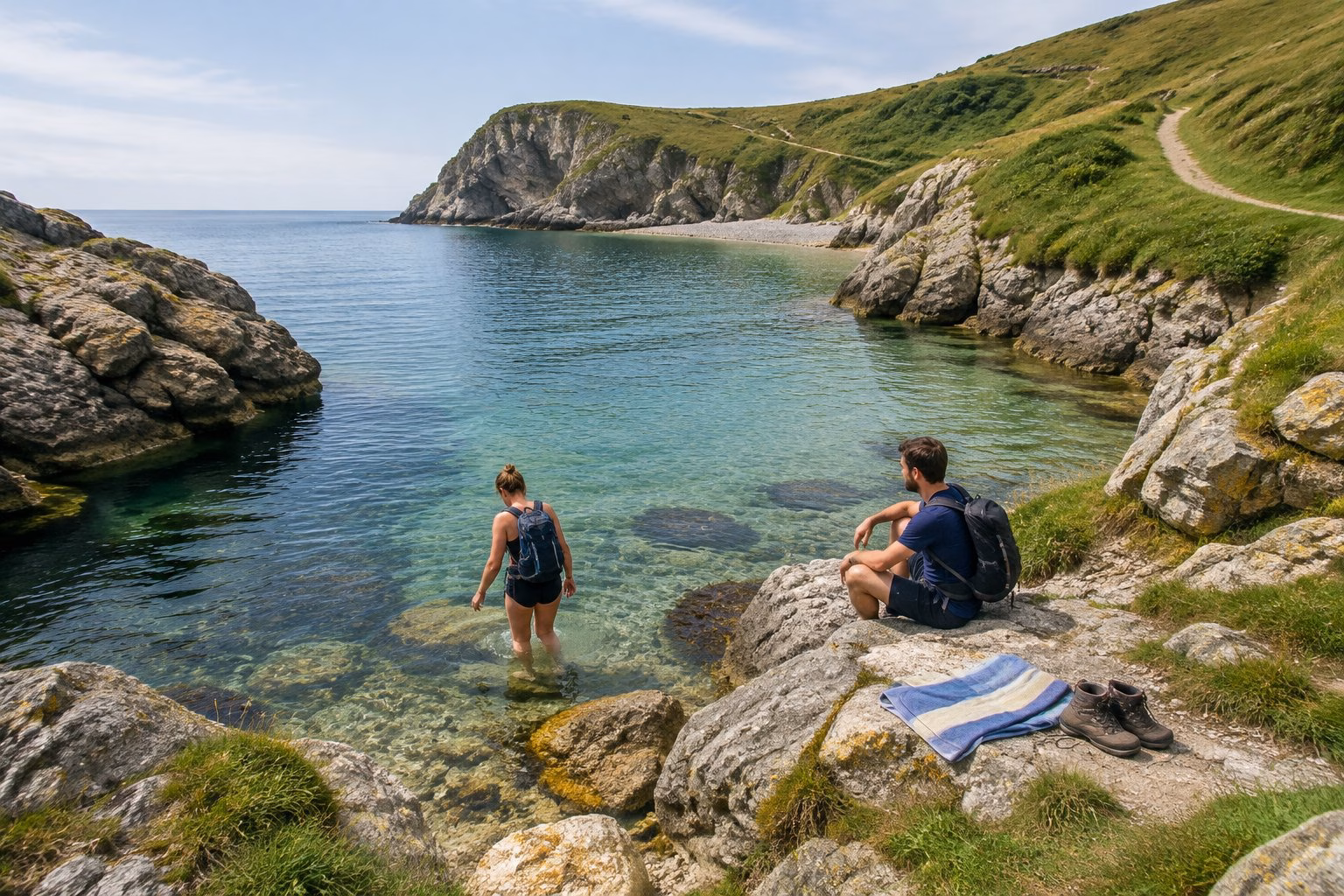 Two walkers pause beside a clear-water cove on the Dorset coast, with one entering the shallows.