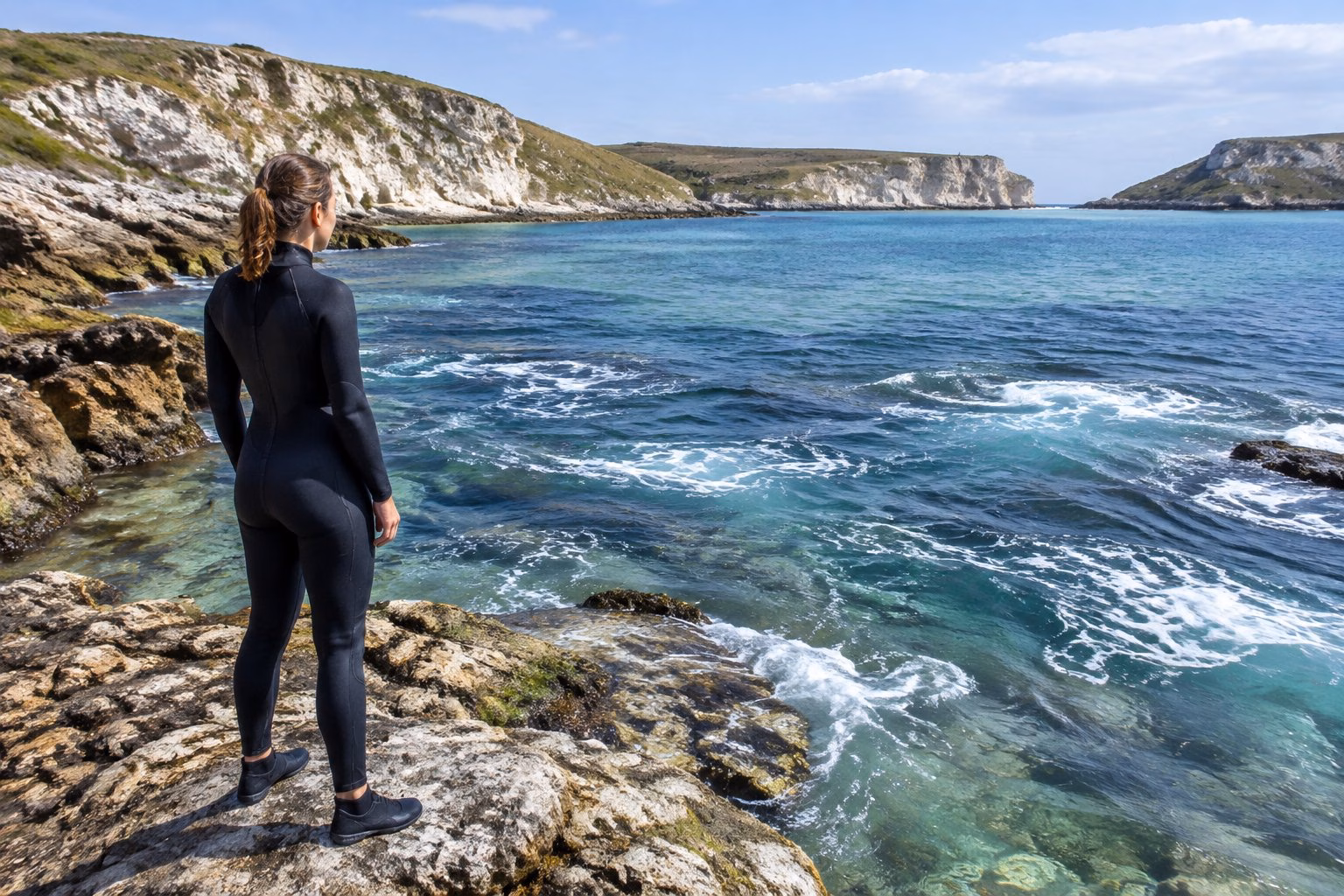 A swimmer checks the sea conditions from a rocky Dorset shoreline.