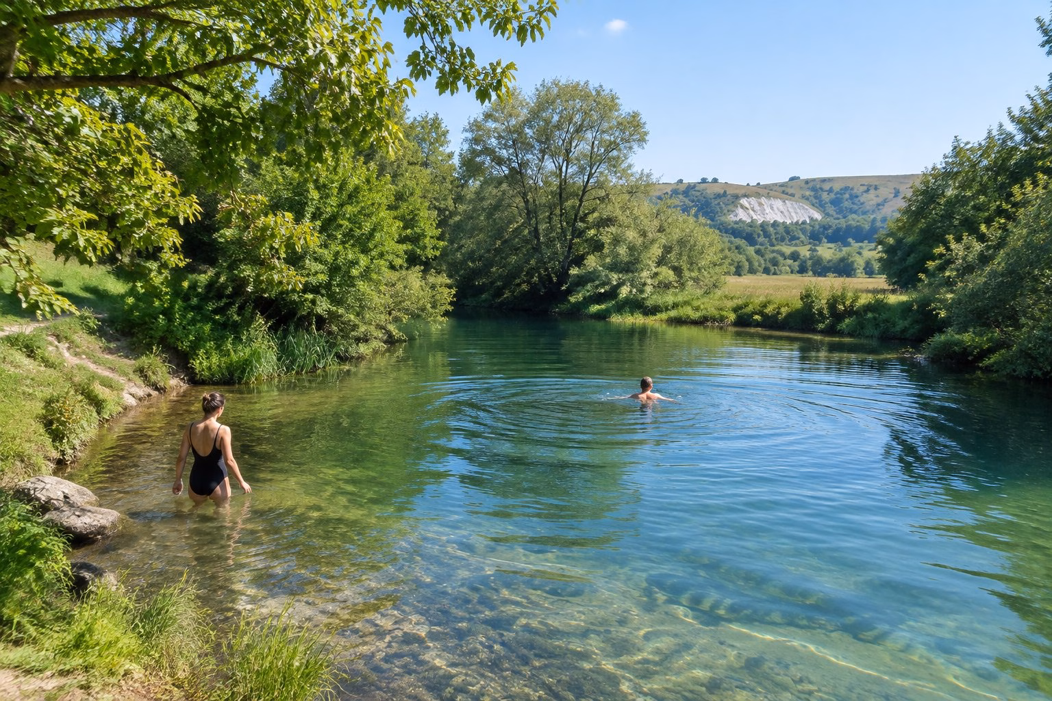 Swimmers enjoying a clear river pool in the Dorset countryside.