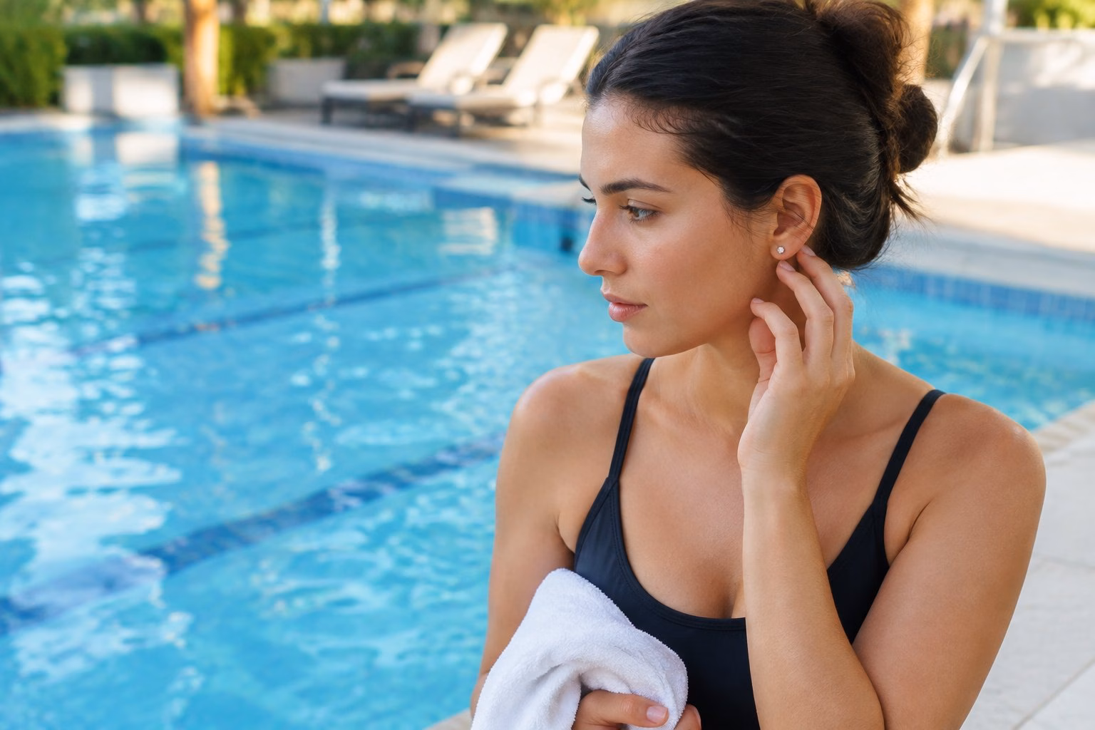 A woman with a newly pierced ear stands beside a swimming pool and looks at the water.