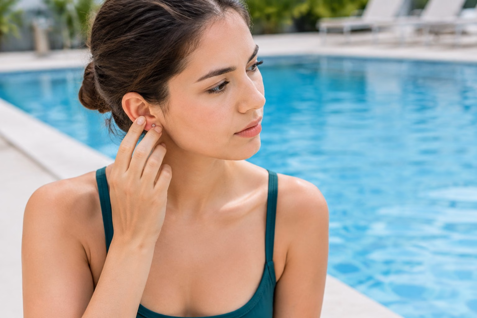 A person beside a swimming pool gently checking a new ear piercing.