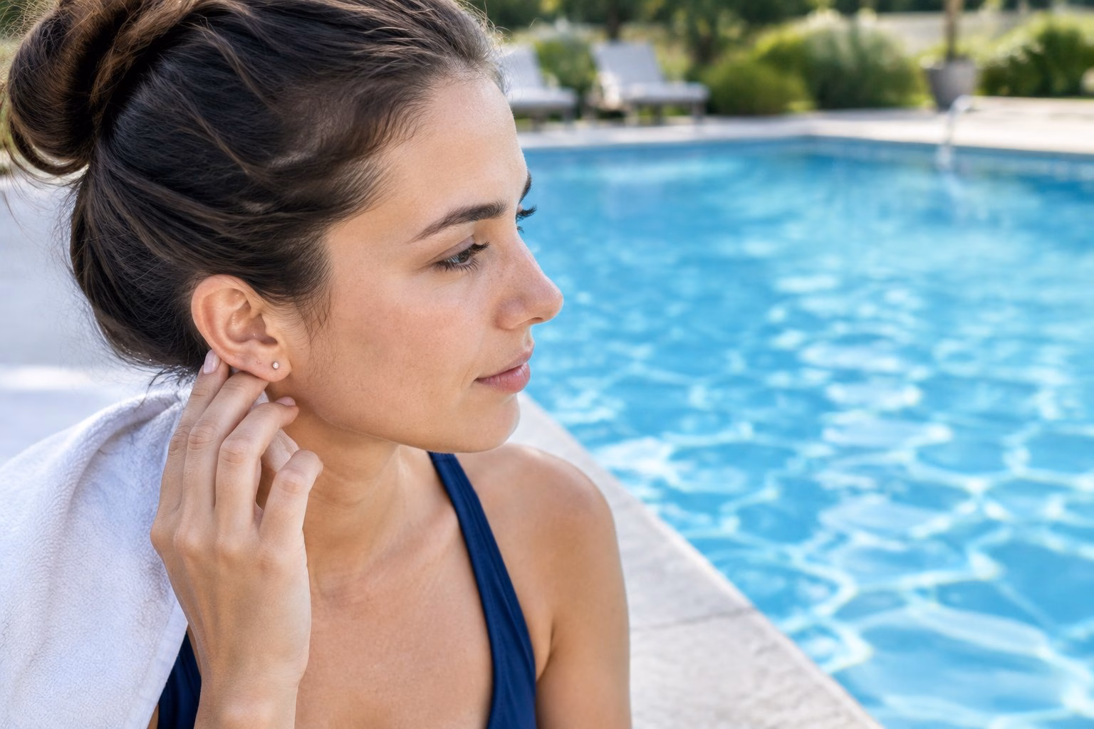 A person with a new ear piercing stands beside a swimming pool.