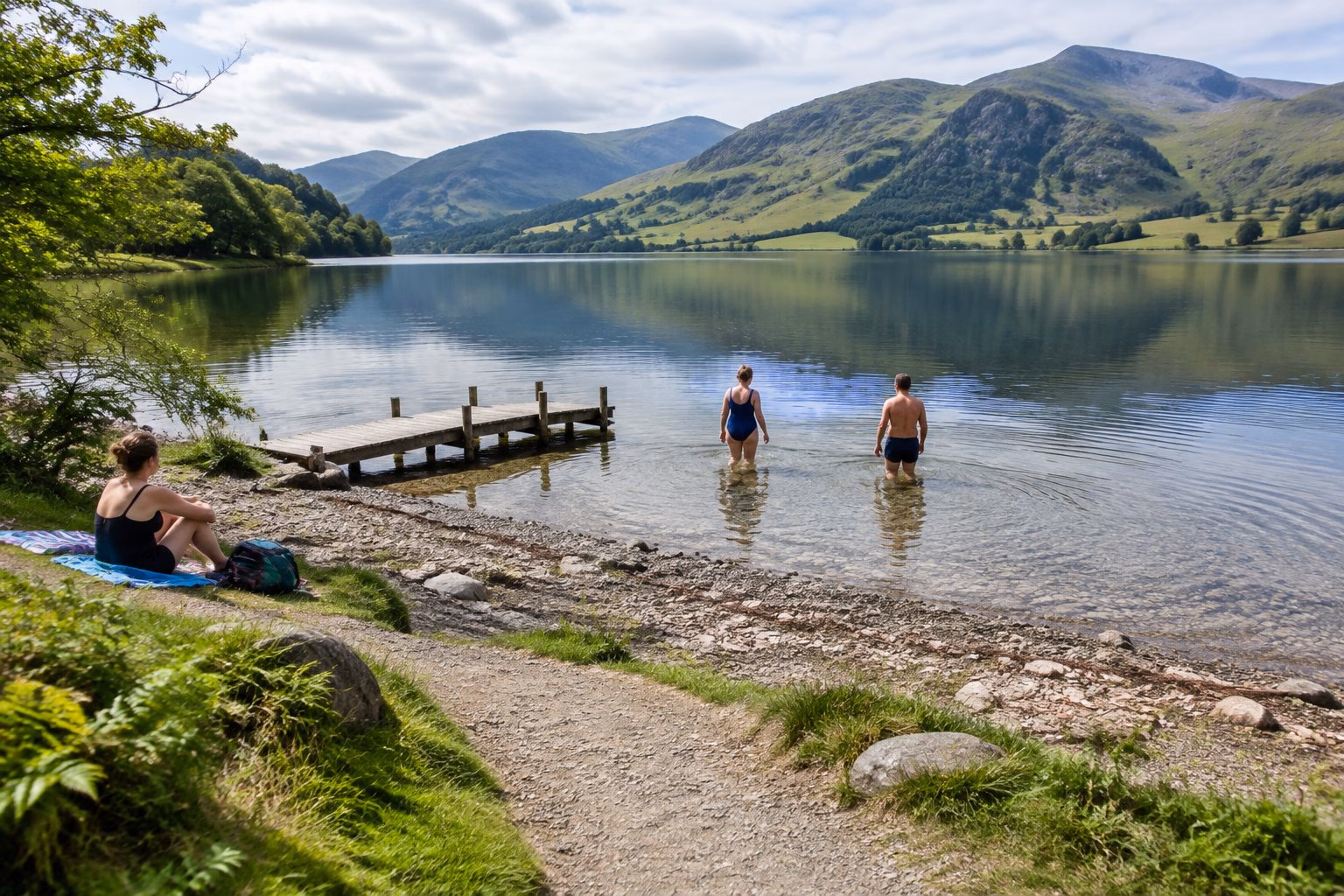 Two swimmers enter a Lake District lake beside a gently sloping pebble shore, with green hills in the background.