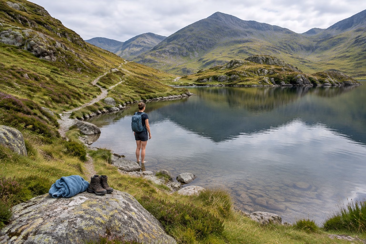 A hiker stands beside a mountain tarn in the Lake District, with walking boots on a nearby rock.