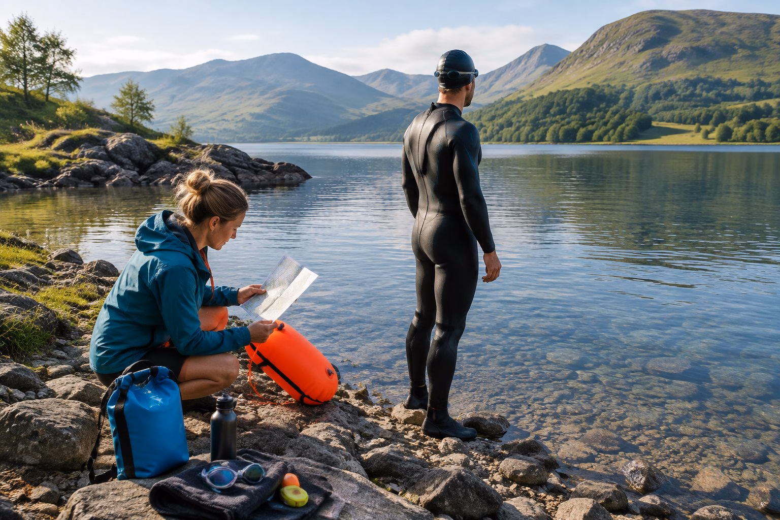 Two swimmers prepare beside a lake beneath the Lake District fells.