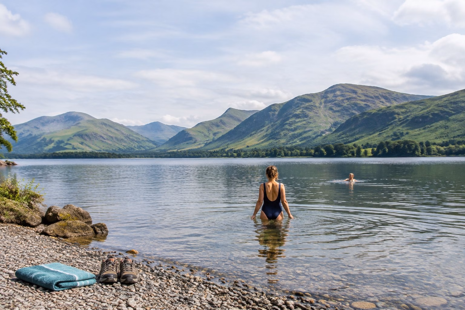 Swimmers wade into a Lake District lake beneath green hills.
