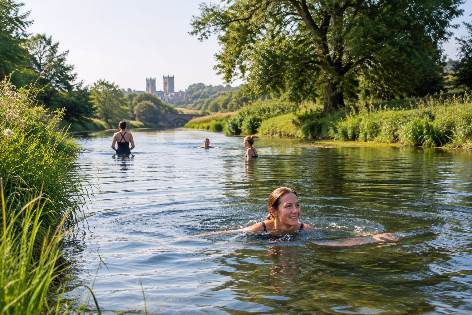 A group of people swimming in a river beside a green, tree-lined bank.