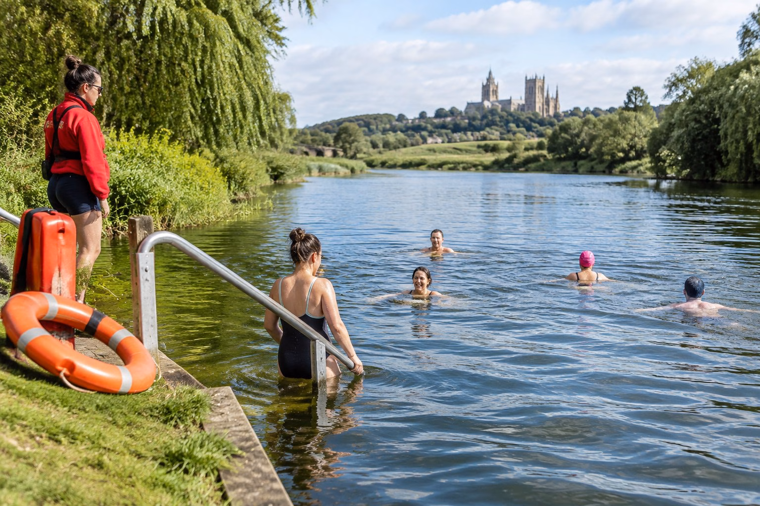 Swimmers enjoying a supervised outdoor swim at a leafy riverside venue near York.