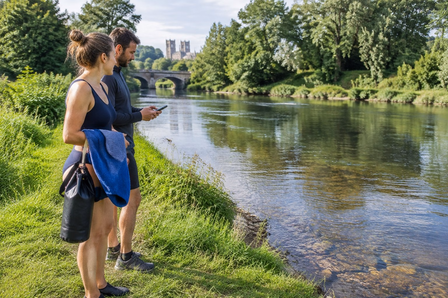 Two adults assess a river from the grassy bank before wild swimming.